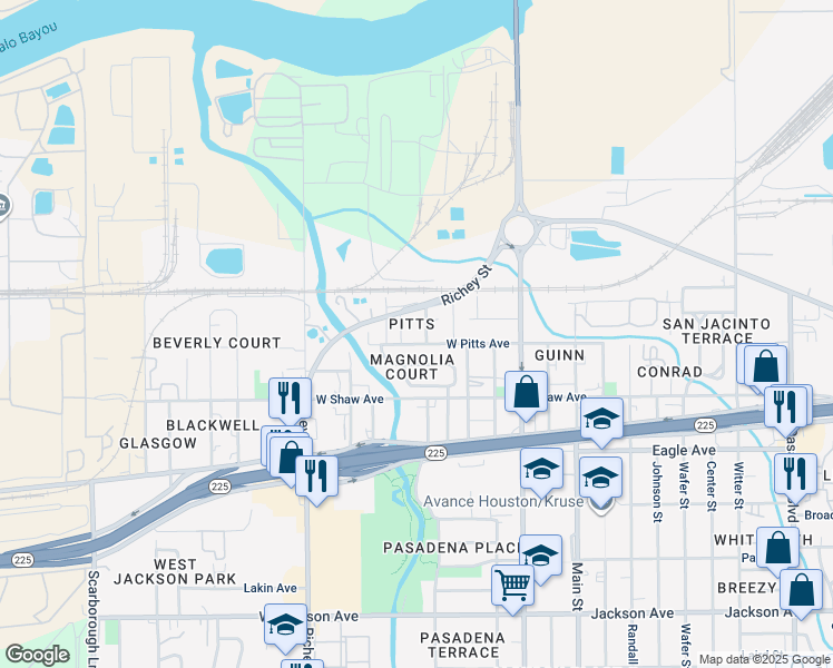 map of restaurants, bars, coffee shops, grocery stores, and more near 501 Richey Street in Pasadena