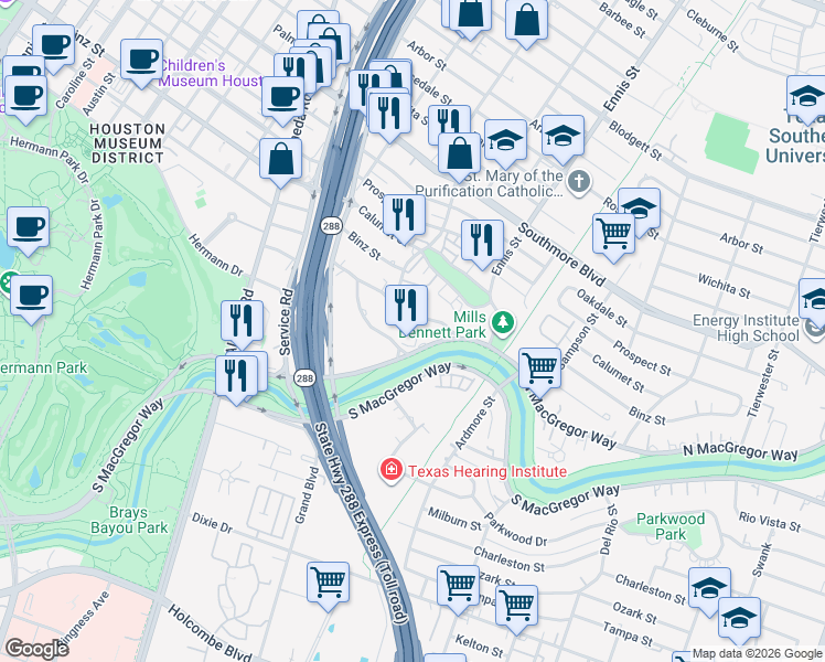 map of restaurants, bars, coffee shops, grocery stores, and more near 2620 Riverside Drive in Houston