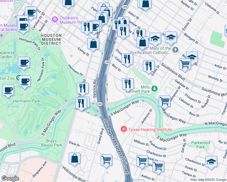 map of restaurants, bars, coffee shops, grocery stores, and more near 2513 North Mac Gregor Way in Houston