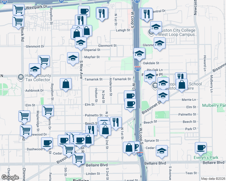 map of restaurants, bars, coffee shops, grocery stores, and more near 4813 Wedgewood Drive in Bellaire