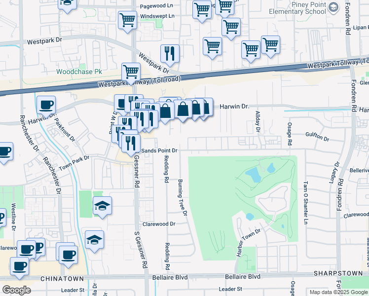 map of restaurants, bars, coffee shops, grocery stores, and more near 5900 Burning Tree Drive in Houston