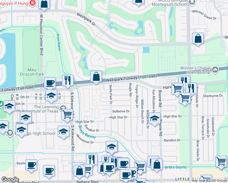 map of restaurants, bars, coffee shops, grocery stores, and more near 11542 Chesswood Drive in Houston