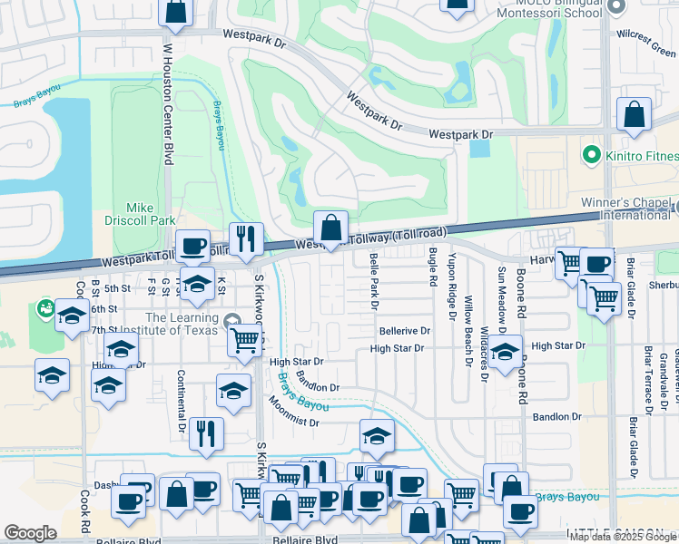 map of restaurants, bars, coffee shops, grocery stores, and more near 11701 Alief Clodine Road in Houston