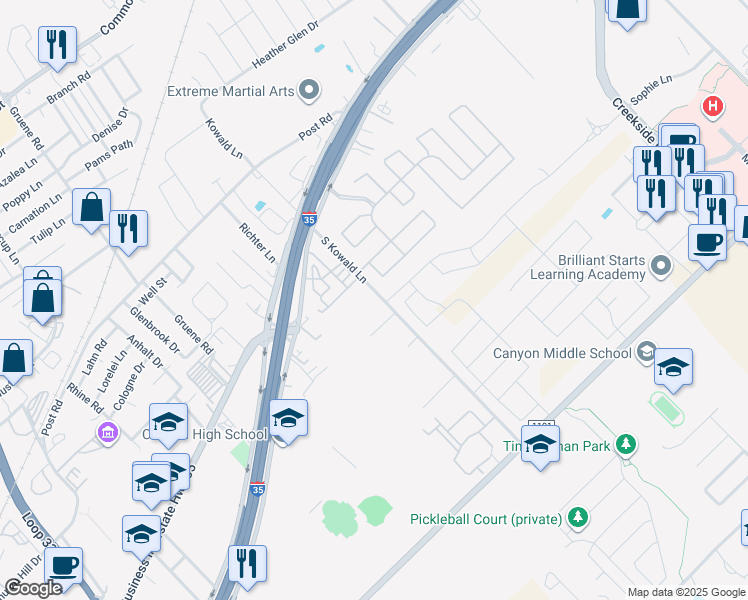 map of restaurants, bars, coffee shops, grocery stores, and more near 124 Silver Spur Drive in New Braunfels