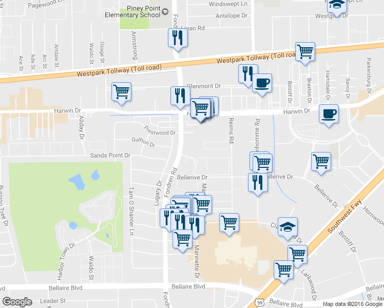 map of restaurants, bars, coffee shops, grocery stores, and more near 25 Gulfton Drive in Houston