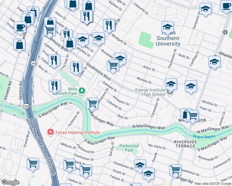 map of restaurants, bars, coffee shops, grocery stores, and more near 3214 Oakdale Street in Houston