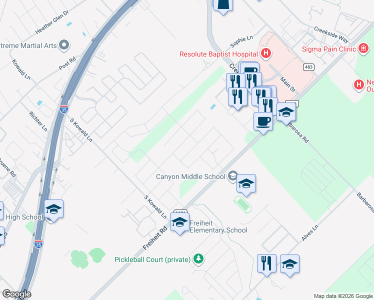 map of restaurants, bars, coffee shops, grocery stores, and more near 2011 Shire Meadows in New Braunfels