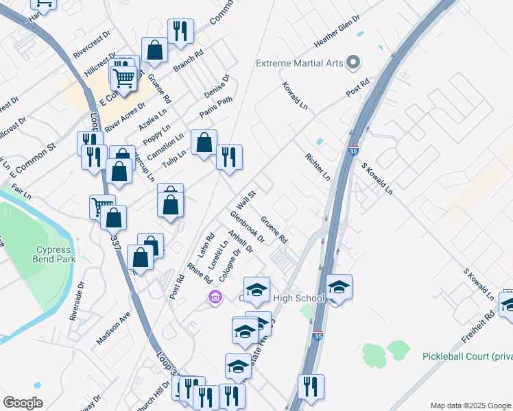 map of restaurants, bars, coffee shops, grocery stores, and more near 242 Gruene Road in New Braunfels
