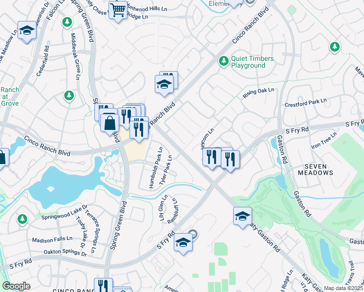 map of restaurants, bars, coffee shops, grocery stores, and more near 5114 Forest Sage Lane in Katy