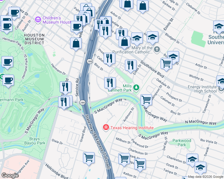 map of restaurants, bars, coffee shops, grocery stores, and more near 2620 Riverside Drive in Houston