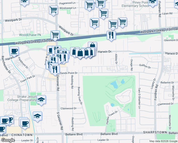 map of restaurants, bars, coffee shops, grocery stores, and more near 8 Sands Point Drive in Houston