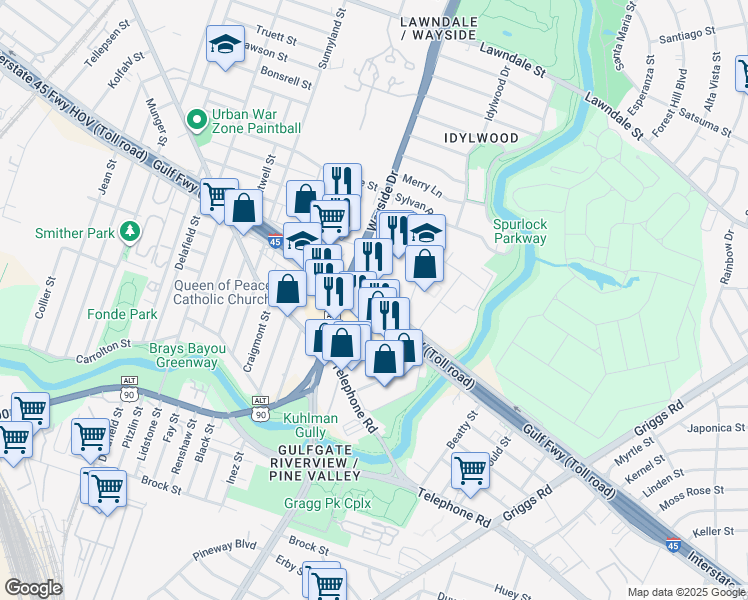 map of restaurants, bars, coffee shops, grocery stores, and more near Gulf Freeway in Houston