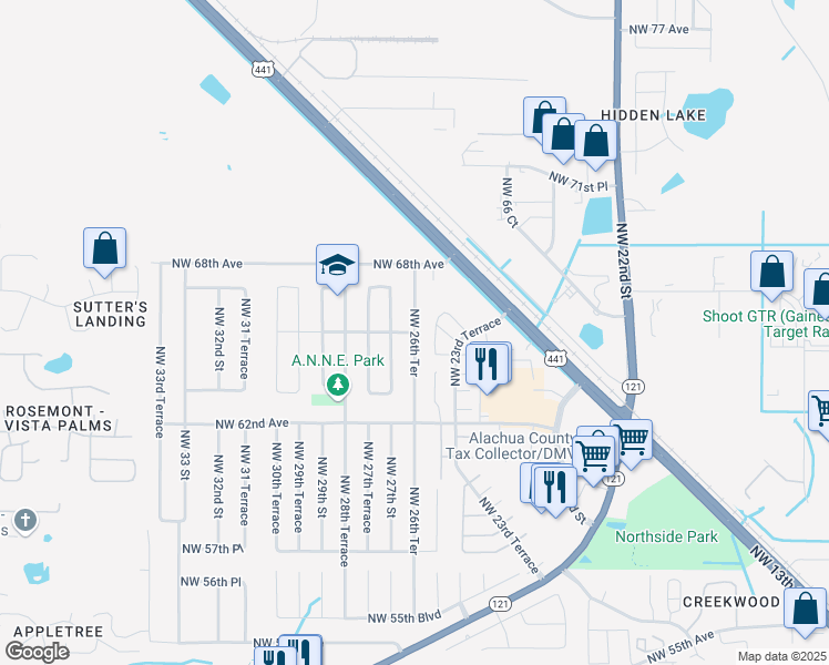 map of restaurants, bars, coffee shops, grocery stores, and more near Northwest 65 Place in Gainesville