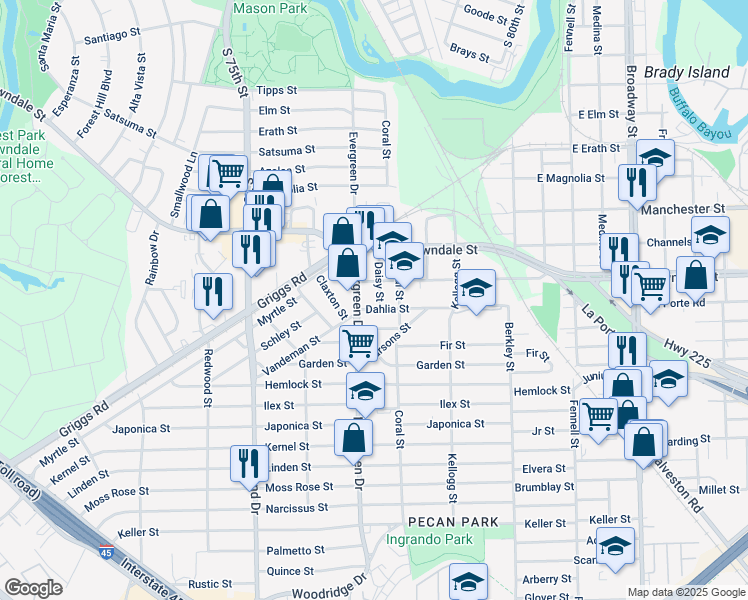 map of restaurants, bars, coffee shops, grocery stores, and more near 1124 Daisy Street in Houston
