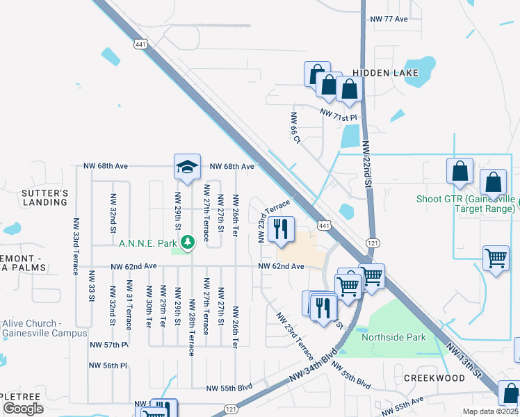 map of restaurants, bars, coffee shops, grocery stores, and more near 2321 Northwest 65 Road in Gainesville