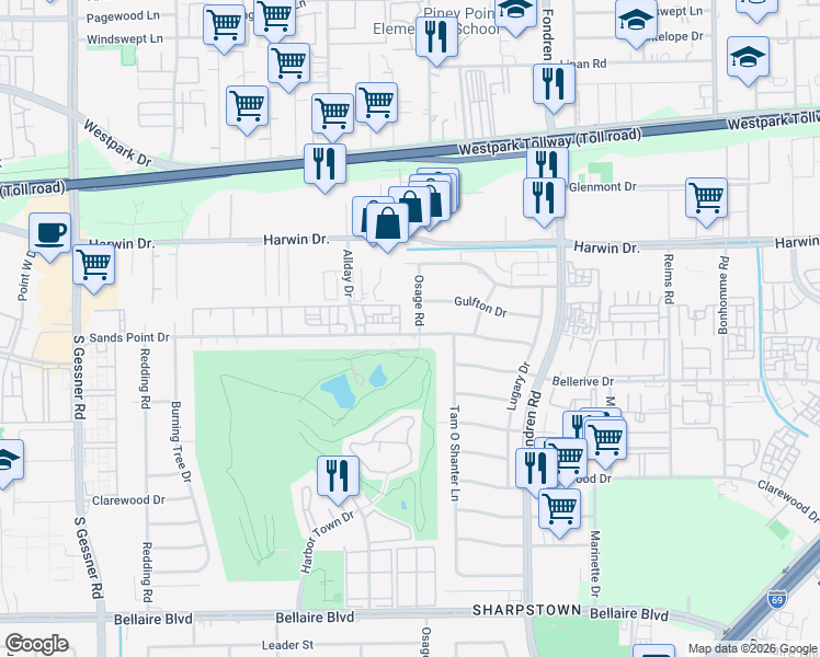 map of restaurants, bars, coffee shops, grocery stores, and more near 5914 Osage Road in Houston