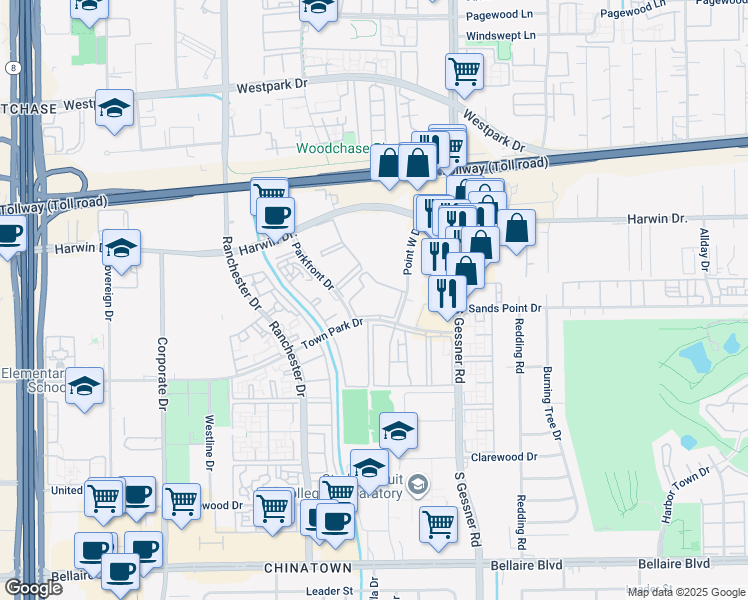 map of restaurants, bars, coffee shops, grocery stores, and more near 9000 Town Park Drive in Houston