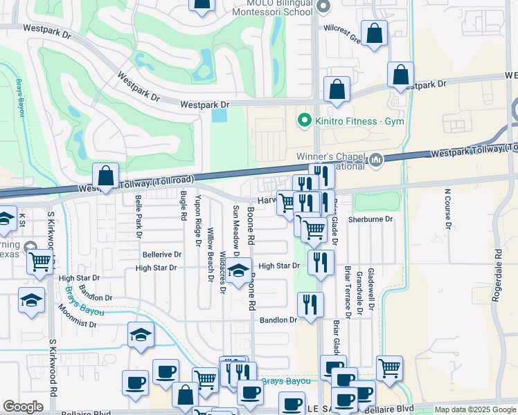 map of restaurants, bars, coffee shops, grocery stores, and more near 11411 Harwin Drive in Houston