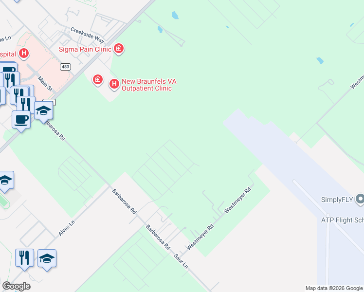 map of restaurants, bars, coffee shops, grocery stores, and more near Unnamed Road in New Braunfels