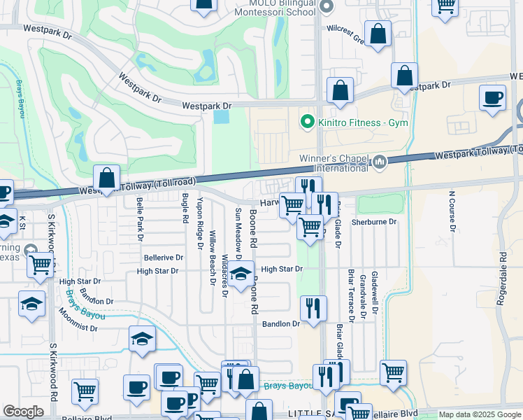 map of restaurants, bars, coffee shops, grocery stores, and more near 11411 Harwin Drive in Houston