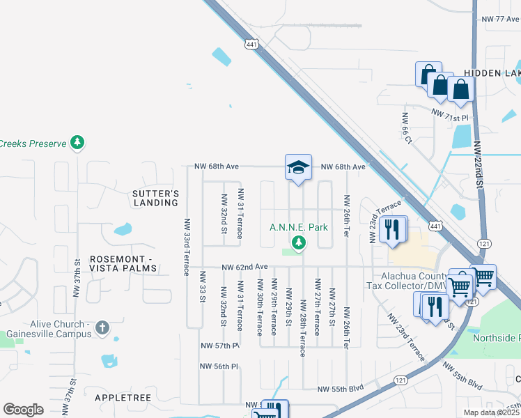 map of restaurants, bars, coffee shops, grocery stores, and more near Northwest 65 Place in Gainesville