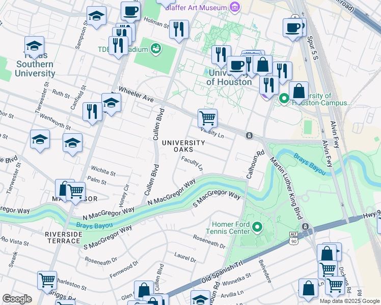 map of restaurants, bars, coffee shops, grocery stores, and more near 4366 Fiesta Lane in Houston