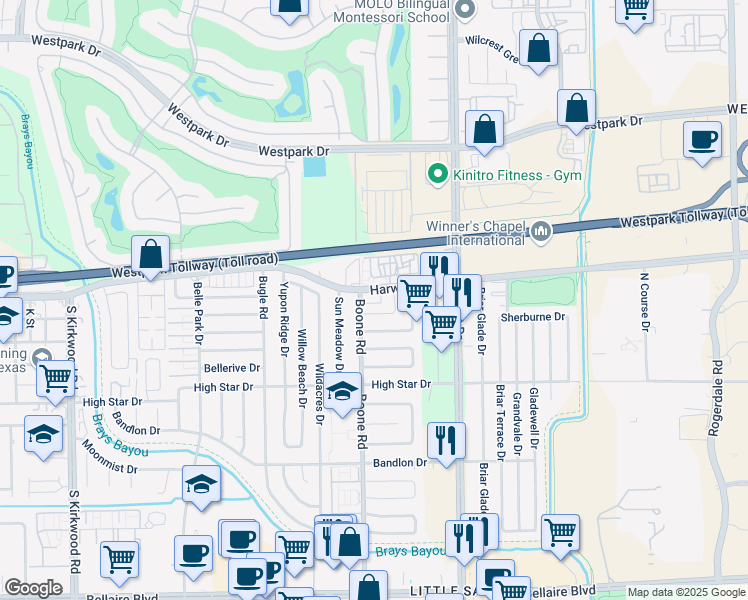 map of restaurants, bars, coffee shops, grocery stores, and more near 11411 Harwin Drive in Houston