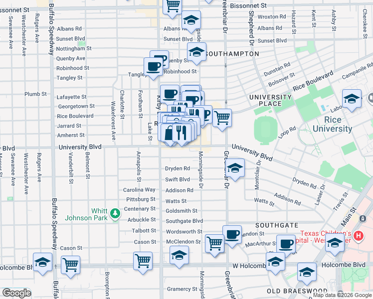 map of restaurants, bars, coffee shops, grocery stores, and more near 2429 University Boulevard in Houston