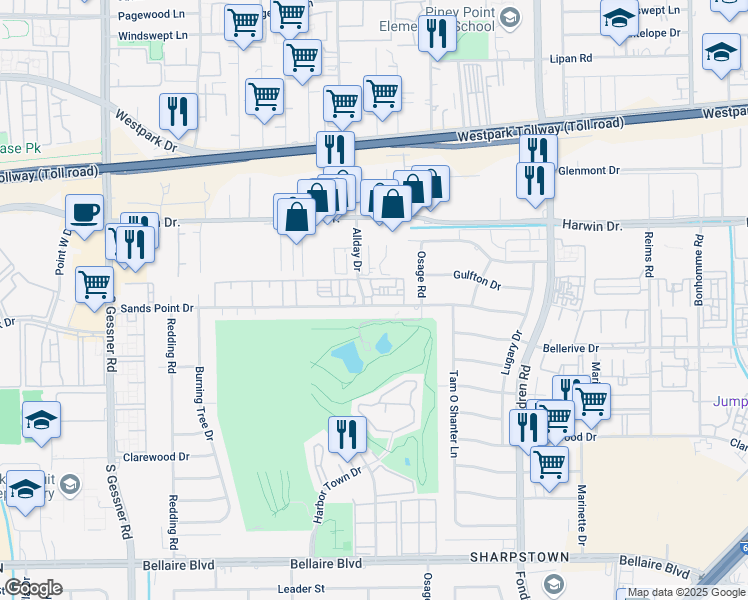 map of restaurants, bars, coffee shops, grocery stores, and more near 8022 Sands Point Drive in Houston