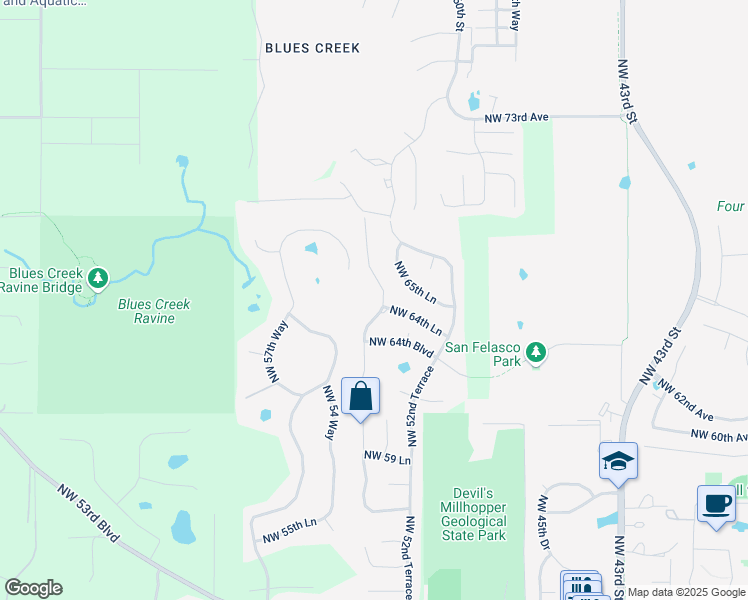 map of restaurants, bars, coffee shops, grocery stores, and more near 6608 Northwest 53rd Terrace in Gainesville