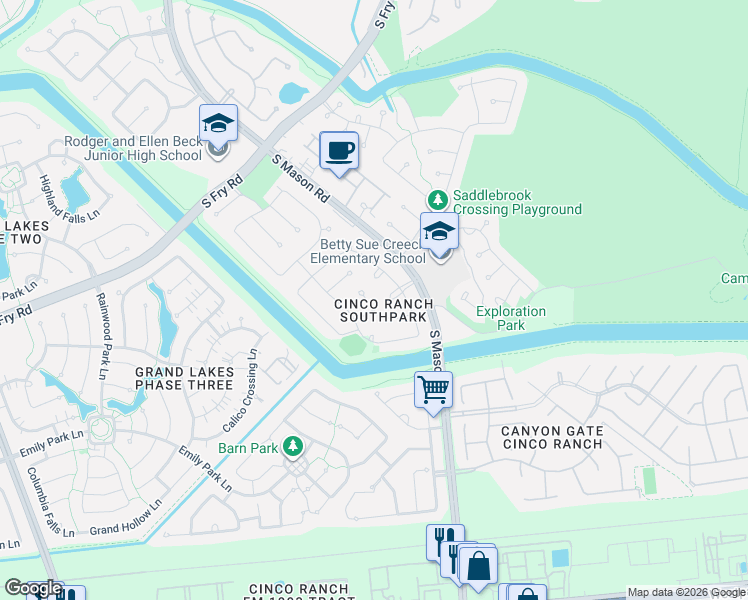 map of restaurants, bars, coffee shops, grocery stores, and more near 20710 Douglas Park Court in Katy