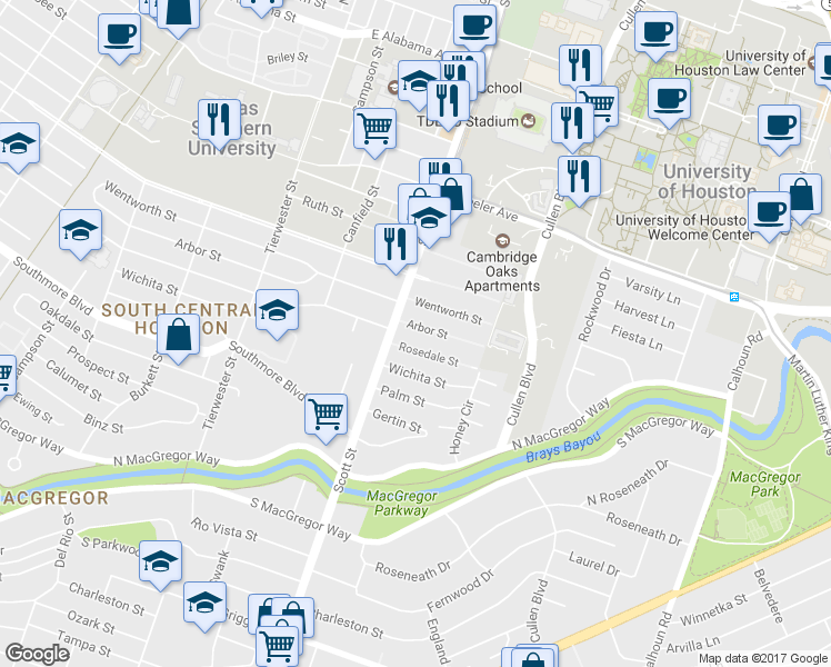 map of restaurants, bars, coffee shops, grocery stores, and more near 3818 Arbor St in Houston