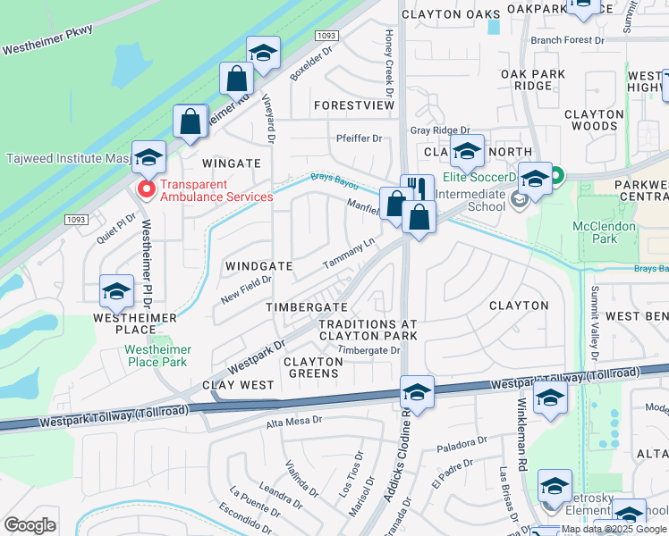 map of restaurants, bars, coffee shops, grocery stores, and more near 15823 Tammany Lane in Houston