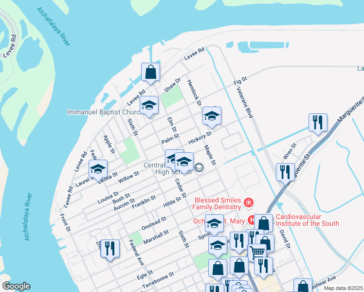 map of restaurants, bars, coffee shops, grocery stores, and more near 2301 Elm Street in Morgan City