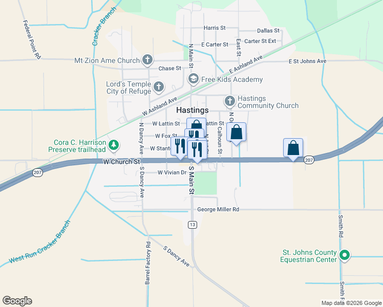 map of restaurants, bars, coffee shops, grocery stores, and more near County Road 13 in Hastings
