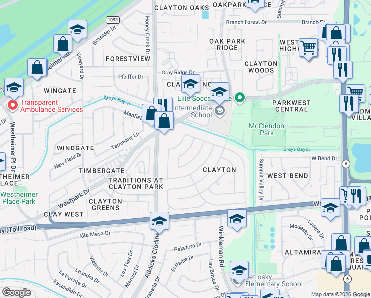 map of restaurants, bars, coffee shops, grocery stores, and more near 3734 Royal Manor Drive in Houston