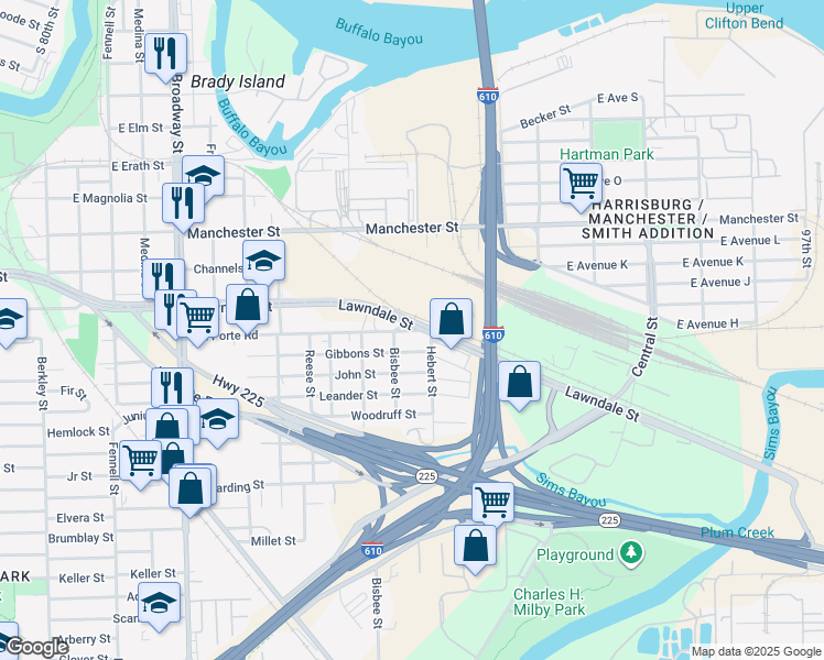 map of restaurants, bars, coffee shops, grocery stores, and more near 9100 La Porte Road in Houston