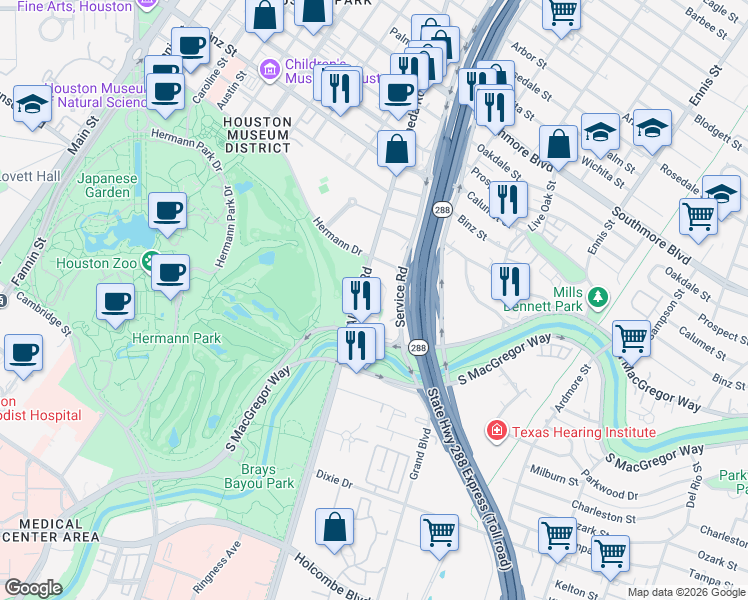 map of restaurants, bars, coffee shops, grocery stores, and more near 5927a Almeda Road in Houston
