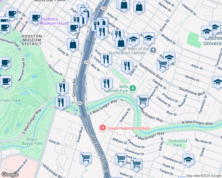 map of restaurants, bars, coffee shops, grocery stores, and more near 2620 Riverside Drive in Houston