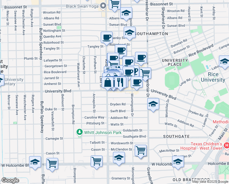 map of restaurants, bars, coffee shops, grocery stores, and more near 2551 Amherst Street in Houston
