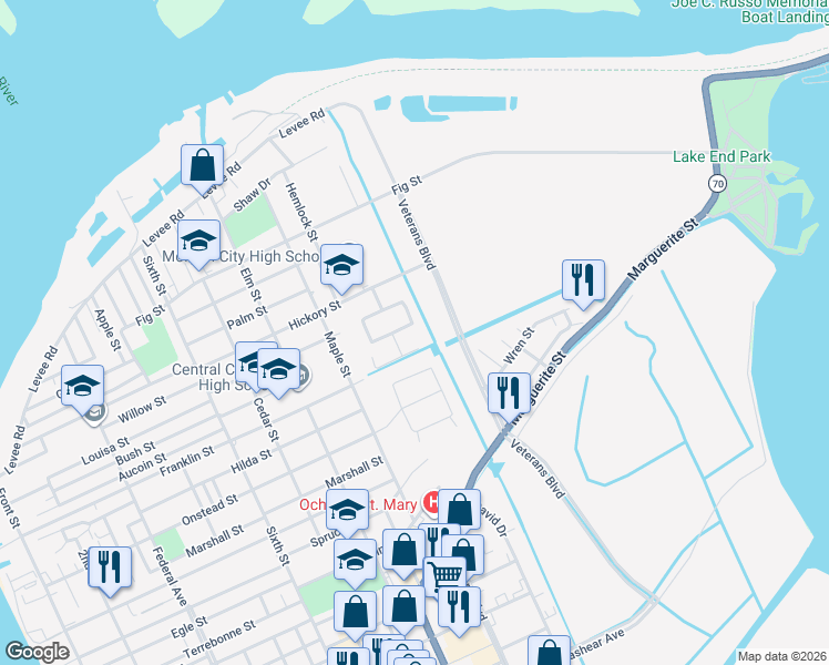 map of restaurants, bars, coffee shops, grocery stores, and more near 23-59 Marquis Manor in Morgan City