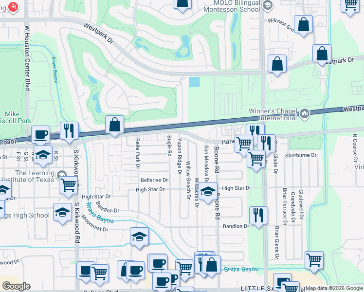 map of restaurants, bars, coffee shops, grocery stores, and more near 4106 Willow Beach Drive in Houston