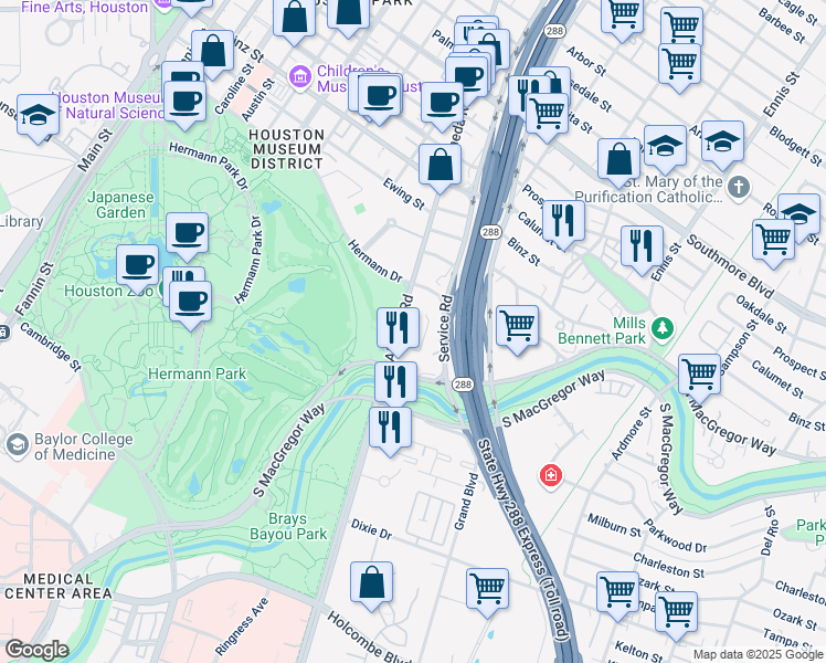 map of restaurants, bars, coffee shops, grocery stores, and more near 5927a Almeda Road in Houston