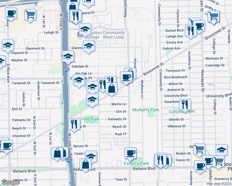 map of restaurants, bars, coffee shops, grocery stores, and more near 4525 Bissonnet Street in Bellaire