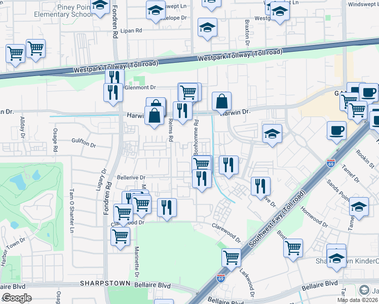 map of restaurants, bars, coffee shops, grocery stores, and more near 5959 Bonhomme Road in Houston