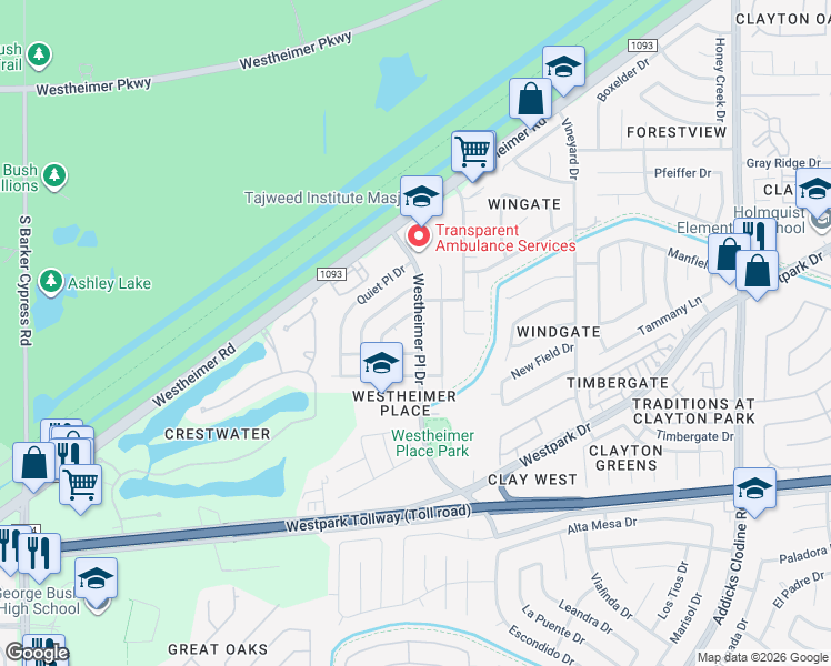 map of restaurants, bars, coffee shops, grocery stores, and more near 3830 Westheimer Place Drive in Houston
