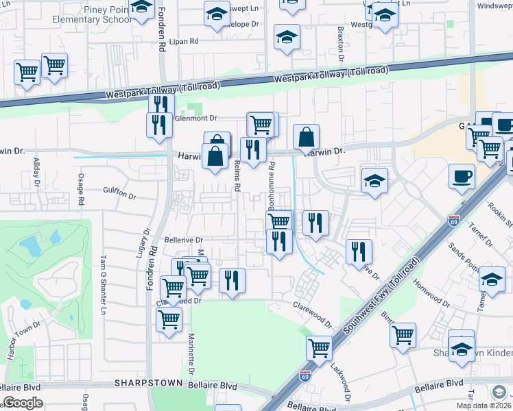 map of restaurants, bars, coffee shops, grocery stores, and more near 5959 Bonhomme Road in Houston