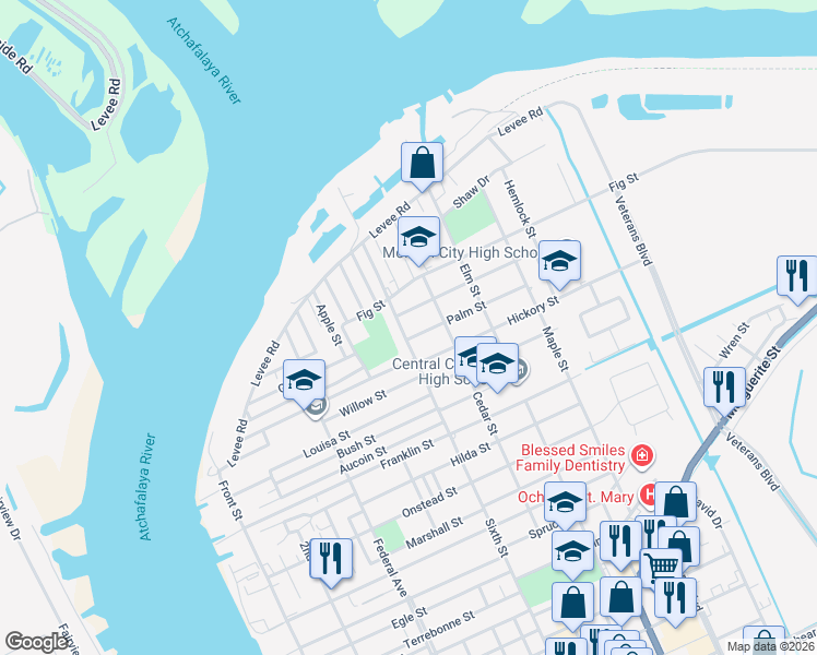 map of restaurants, bars, coffee shops, grocery stores, and more near 2408 Sixth Street in Morgan City
