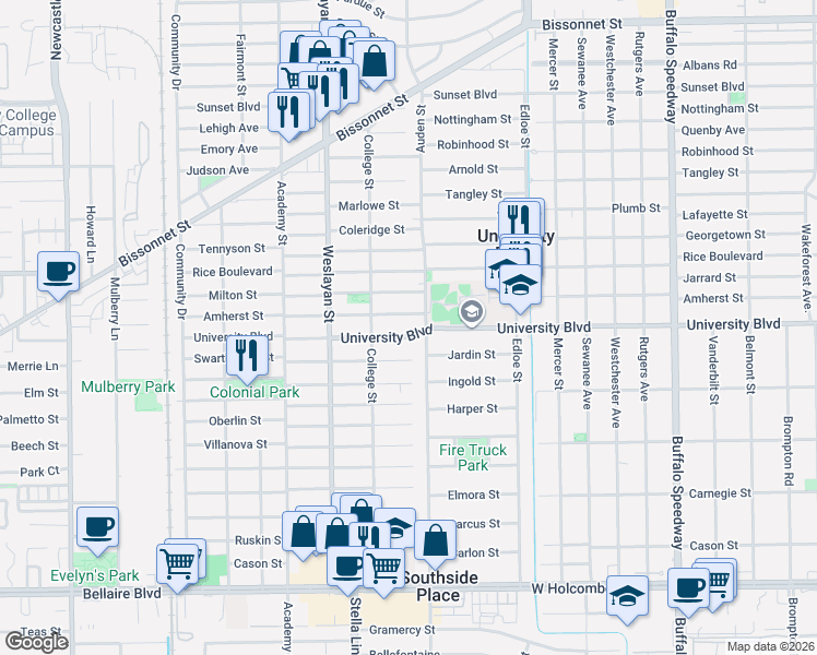 map of restaurants, bars, coffee shops, grocery stores, and more near 3814 University Boulevard in Houston