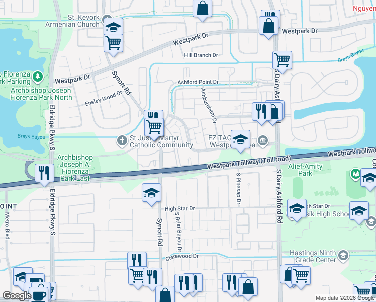 map of restaurants, bars, coffee shops, grocery stores, and more near 13007 Lexa Manor in Houston